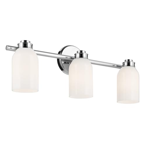 Image of Kichler Shae 3-Light Bathroom Vanity Light, Chrome | White opal glass vanity light for modern bathroom mirrors (24.25 inch x 9 inch), 55202CH