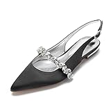 Hyinlays Women's Closed Toe Wedding Flats Slingback Pump Shoes for Bride Satin Crystal Pointed Toe Formal Party Flat Sandals Black US10