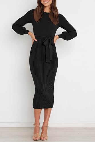Image of HAEOF Womens 2026 Fall Midi Sweater Dress Winter Puff Long Sleeve Bodycon Ribbed Knit Trendy Business Casual Work Dresses
