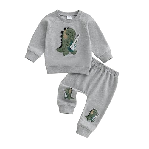 WZTYYDS Toddler Boy Fall Clothes Dinosaur Guitar Embroidery Long Sleeve Pullover Sweatshirt Pants Sets 2Pcs Winter Outfit