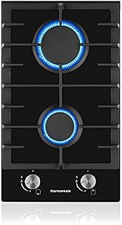 Thermomate GHBG302 30cm Built-in 2 Burner Gas Hob, Black Glass Gas Cooktop, Cooker with FFD and Cast Iron Pan Supports