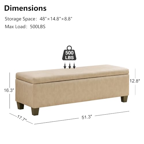 Image of 51 Inch Storage Ottoman, Storage Bench with Safety Hinge, Upholstered Synthetic Leather Ottoman Bench for Bedroom, Living Room, Entryway, Hallway, Foot Rest, Support 500lbs