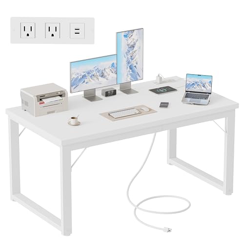 Image of Mericonia 48 Inch Computer Desk with Power Outlets, 1.2 inch Thick Office Table | Modern Simple Style, Heavy Duty Industrial Frame, Small Study & Writing Table for Home Bedroom Work, White