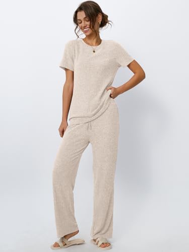 Image of LILLUSORY Womens Lounge Sets 2 Piece Matching Travel Outfits | Lightweight Ribbed 2 Piece Set, Breathable, Stretchy, Wrinkle-Resistant, Travel Ready, Versatile