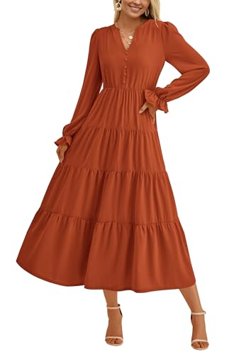 PRETTYGARDEN Long Sleeve Dress for Women 2025 Fall V Neck Tiered Aline Spring Elegant Modest Flowy Wedding Guest Maxi Dresses