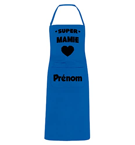 Tablier bleu personnalisé Super Mamie le cœur de la cuisine familiale
