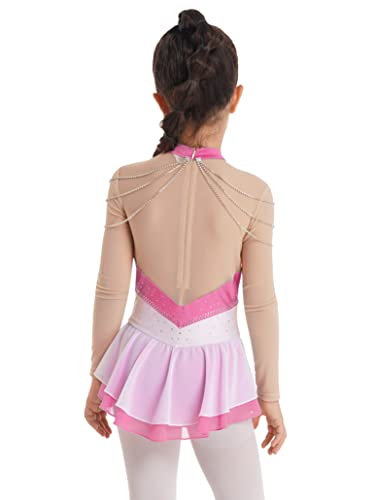 Loyan Kids Girls Ice Figure Skating Dress Long Sleeves Rhinestone Chain Roller Skating Dance Performance Tutu Leotard Pink 16 Years #TOP2
