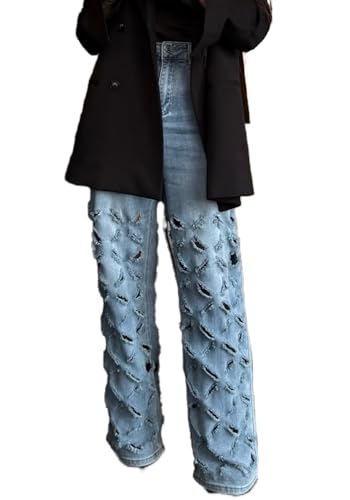 Vaceky Women's Baggy Ripped Hollow Out Straight Leg Stretch Casual Denim Jeans
