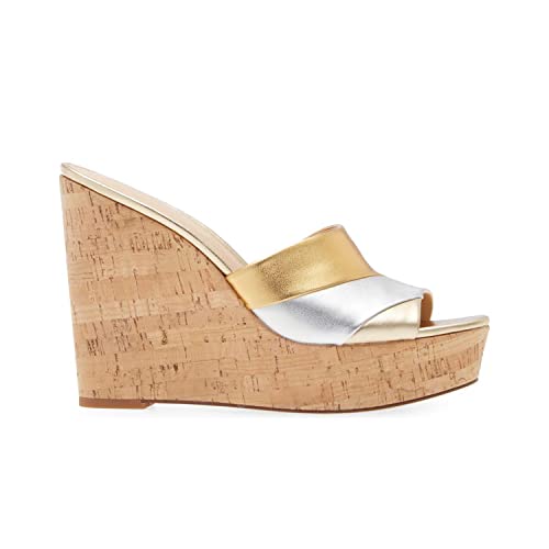 FOWT Beach Platform Two Tone Stripes Patchwork Shallow Wedge Sandals for Woman Chic Shiny Leather Cork Heel Gold Pumps Comfort Slip on 3 inches Daily Casual Travel Shoes, US Size 4-16 M2