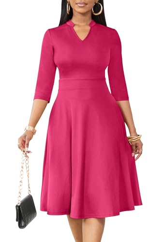 Image of Nmoder Casual Dresses for Women Semi Formal Fit and Flare 3 /4 Sleeve A-line Church Work Dress with Pockets