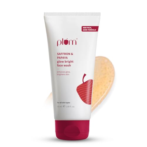 Image of Plum Saffron & Papaya Glow Bright Face Wash | Enhances Glow & Brightens Skin | With Vitamin B5 | Fights Dull Skin | Non-Drying, Gel-Based, Sulphate-Free Face Wash | For All Skin Types | 100% Vegan | 50ml