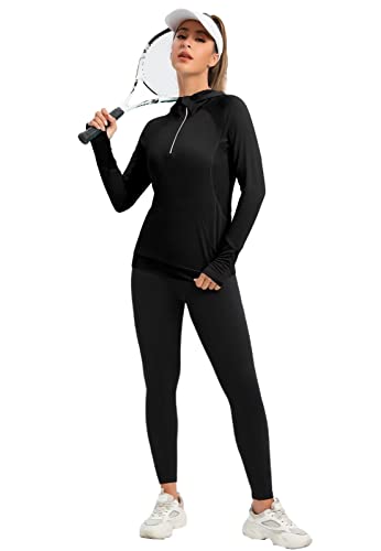 Leedya Womens 1/4 Zip Pullover Long Sleeve Hooded Sweatshirt Slim Fit Sports Shirt With Pocket Black M #TOP4