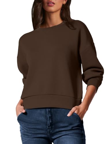 Glamaker Womens Basic Cropped Pullover Sweatshirt Casual Solid Crewneck Long Sleeve Shirts Tops with Back Fold(Brown S)