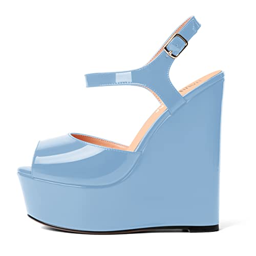 MOVINSTEPS Womens Party Sexy Platform Patent Peep Toe Buckle Ankle Strap Wedge High Heel Pumps Shoes 6 Inch2