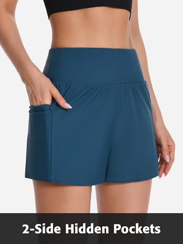 Image of ATTRACO Women's 3 inch High Waisted Swim Board Shorts Pleated Summer Beach Shorts with Pockets