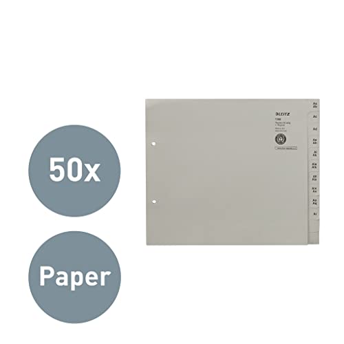 Leitz Register, Trennblätter mit Taben und alphabetischem Aufdruck A-Z für 50 Ordner, Halbe Höhe und Überbreite, Grau, 100% recyceltes Papier, Blauer Engel Siegel, 13500085