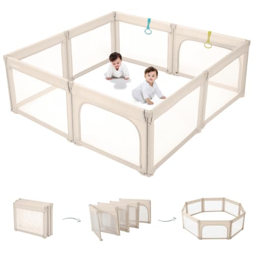 Image of Doradotey 8-Panel Foldable Baby Playpen for Toddlers 1-3, Adjustable Shape Large 59 inchx59 inch Indoor Playard, No Tools Assembly, 360 Breathable Mesh, Separate Washable Panels Safety Fence,Beige