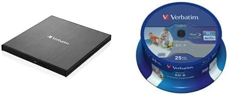 Verbatim Externer Slimline Blu-ray-Writer, USB 3.0-Anschluss, Blu-ray-Player, Kompakter externer Blu-ray-Brenner für große Backups, inkl. 25er Spindel Datalife Blu-ray 25GB