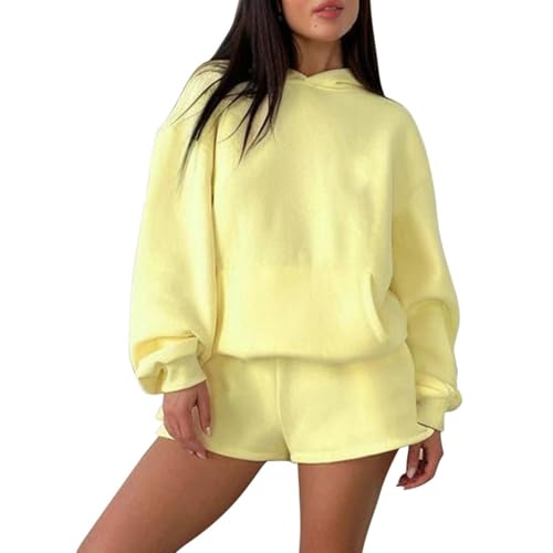 Womens 2 Piece Sweatsuit Outfits Long Sleeve Hoodie Sweatshirt and Drawstring Shorts Solid Color Trendy Y2K Clothes