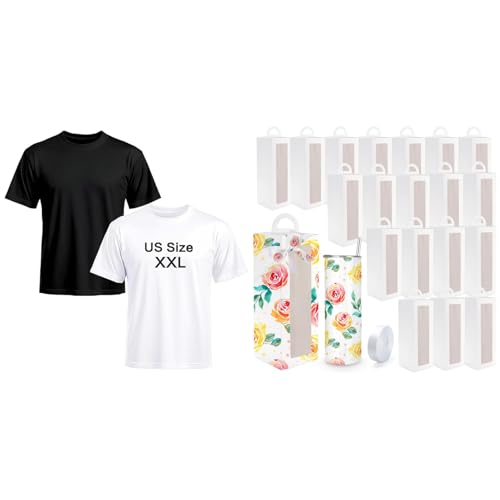 Joyclub Bundle of 2 Pack Black White Adult Unisex Polyester T Shirts and 20 Pack Gift Boxes with Ribbon