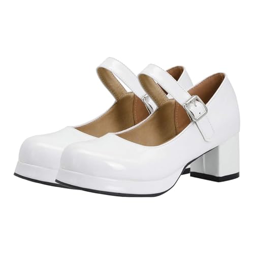 Bellirala Womens Cute Lolita Shoes Patent Leather Mary Janes Platform Chunky Heeled Pumps (White, US 7)
