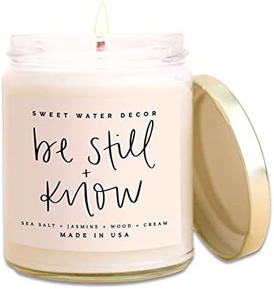 Sweet Water Decor, Be Still and Know, Sea Salt, Jasmine, Cream, and Wood Scented Soy Wax Candle for Home | 9oz Clear Jar, 40 Hour Burn Time, Made in the USA