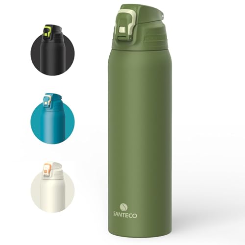 SANTECO Bouteille isotherme anti-fuite en acier inoxydable sans BPA avec sac de transport pour voyage, camping, vert, 1,5 l
