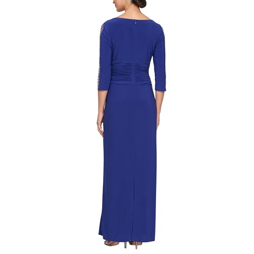 Image of S.L. Fashions Women's Long Length Ruched Waist Formal Evening Dress with Beaded Illusion Sleeves (Petite and Regular Sizes)