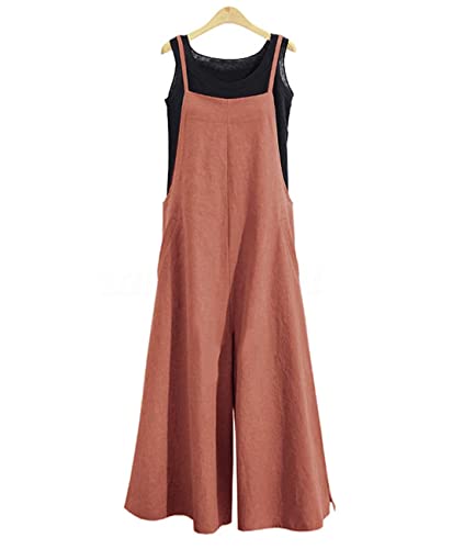 Yesno Women Casual Loose Boyfriend Bib Pants Summer Wide Leg Cotton Jumpsuits Rompers With Pockets Xs-5X (L Pzztyp2 Rust) #TOP26