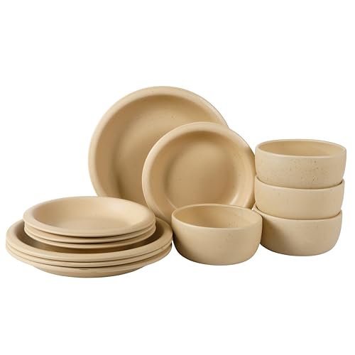 Bloomhouse - Two Time Oprah's Favorite Things Winner - Corsica Clay 12 Piece Stoneware Rustic Reactive Glaze Dinnerware Set - Stackable Plates Bowls Set. Service for 4 - Matte Finish Cappuccino Cream by bloomhouse - Used condition - US$48.55