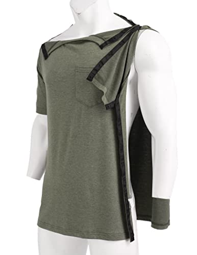 Deyeek Mens Post Surgery Shirt Shoulder & Side Full Open Snap Button Access Tearaway Short Sleeve Dialysis Recovery T-Shirt Olive Green #TOP6