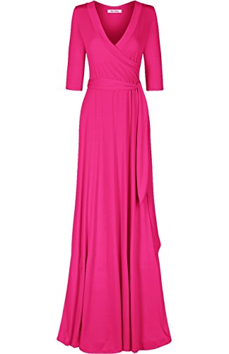 Bon Rosy Women s #MadeInUSA 3 4 Sleeve Classic Paris Maxi Wrap Dress Summer Wedding Guest Party Bridal Baby Shower Maternity Nursing Fuchsia M(DJ51504-Solid)