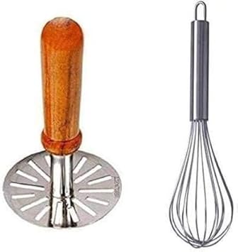 ODIN Stainless Steel Whisk & Masher Set, Wooden Handle Kitchen Tools Combo