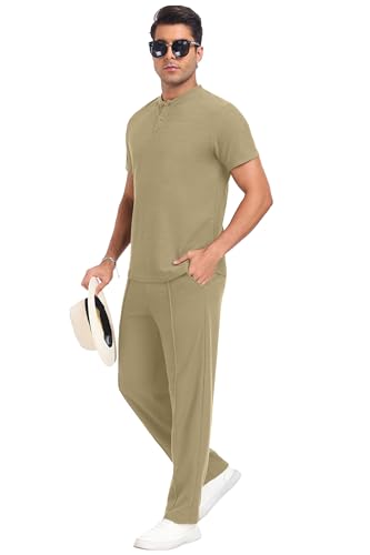 PrinStory Men's Short Sleeve Outfits Waffle Knit Henley Shirt and Pants Set Casual 2 Pieces Summer Tracksuits with Pockets3