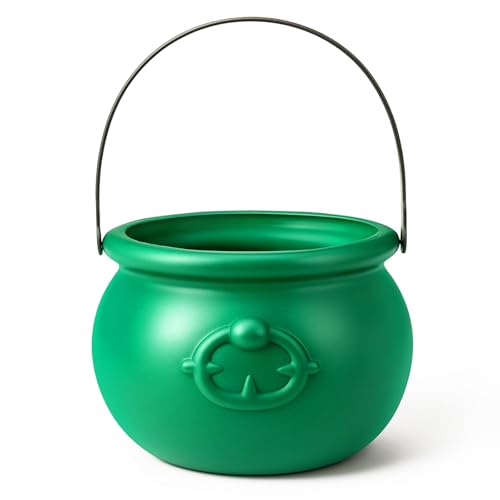 Soulchen 7.6\" St Patricks Day Cauldron Plastic Pot of Gold Bucket Cauldron Kettle Leprechaun Irish Party Decoration Favors Supplies for Coins Candy(Green)