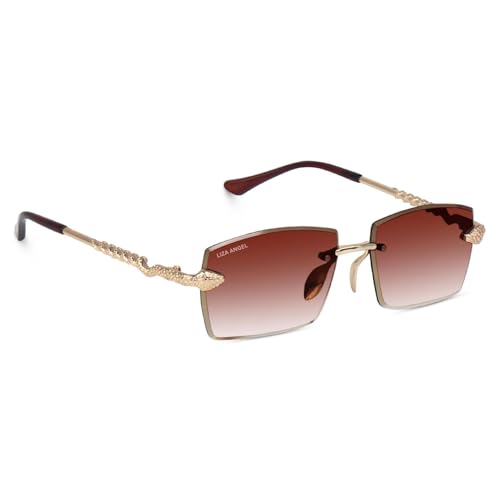 Image of Rectangle Sunglasses for Men /Women Small Rimless Square Shade Eyewear Gold Brown Graident