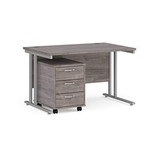 Mr Office Maestro 25 straight desk - with silver cantilever frame and 3 drawer pedestal, Grey oak, 1200