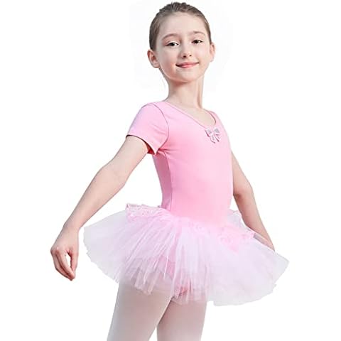 Kefiyis Ballet Leotard for Girls Tutu Ballet Dress Short Sleeve Ballet Leotard with Skirt Ballerina Costume Dancewear for Kids (110, Pink) Cover