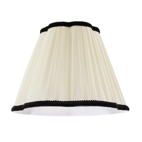Traditional Ivory White Victorian Style Pleated Faux Silk Lamp Shade with Black Embroidered Trims | 30cm x 22cm | Curving Scallop Rims by Happy Homewares