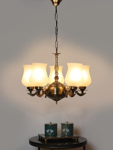 Image of Devansh 05 Lights Milky White Glass Shade with Antique Golden Chandelier -Q