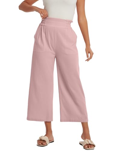 Les umes Womens Cropped Cotton Pants Elastic Waist Wide Leg Capris Casual Summer Trousers with Pockets