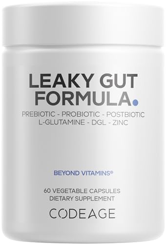 Codeage Leaky Gut Supplement, L-Glutamine, N-Acetylglucosamine, Probiotic, Butyric Acid, Polyphenols, Quercetin, DGL, Marshmallow Root, Berberine, BioPerine, Cinnamon, Vegan, Non-GMO, 60 Capsules