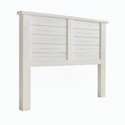 Cabecero Campero-Vintage para Cama de 105, Fabricado en Madera Maciza de Pino alistonada Acabado en Blanco Envejecido Totalmente Acabado