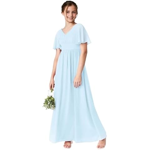 ROFTEK Junior Bridesmaid Dresses V Neck Flower Girl Dresses for Wedding Chiffon Birthday Party Pageant Ball Gown Sky Blue 14 Cover