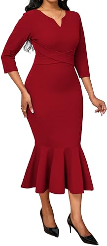 Image of Elegant Dress for Women Sexy V Neck Long Sleeve Bodycon Midi Fishtail Dresses