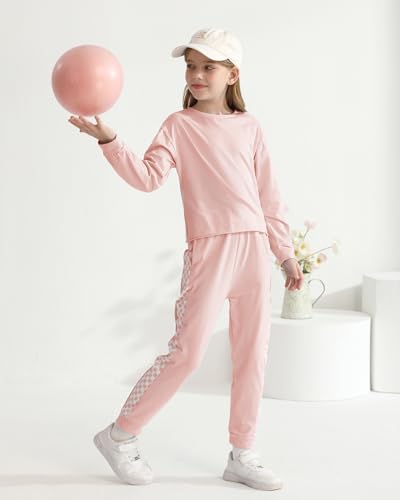 Image of SANMIO Toddler Girl Clothes 2 Piece Outfits Girls Tracksuit Activewear | Long Sleeve Crewneck Checkered Sweatshirts and Sweatpants Casual Fall Winter Clothing Set