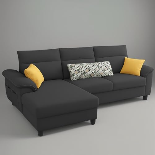Image of Casaliving Seams LHS 4 Seater L Shape Sofa for Living Room (Black Fabric) Premium Fabric Sofa