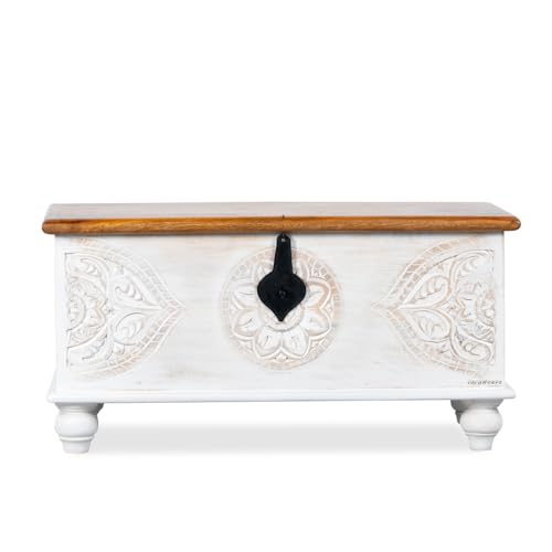 Image of Devin Wooden Trunk Box for Storage | Solid Wood Coffee Table for Living Room | Center Coffee Table with Storage | Front Wooden Carved Sandook Pitara for Home Decor & Bedroom (White Distress)
