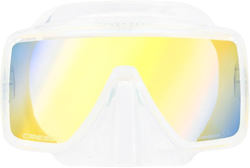 Cressi SF1 Frameless Mask & Dry Snorkel Combo - Low-Volume Design for Diving Equalisation - Dry-Top Snorkel Splash Guard - Soft Skirt Snorkelling Fit - Clear/Silver_380 UV Yellow/Blue Lens