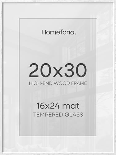 Image of Homeforia White 20 x 30 Frame, High End Oak 20 x 30 White Wood Poster Frames with Mat 16 by 24 Photo, 20x30 Wooden Picture Frame Matted to 16x24, 30x20 Large Frames, Tempered Glass, Wall Kit, Set of 2